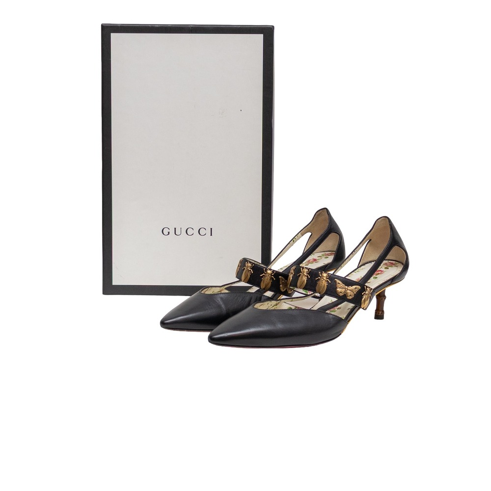 Gucci Black Leather Butterfly and Bee Embellished Slingback Pumps Sz EU 37 US 7
